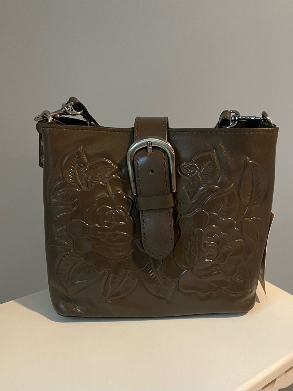 PATRICIA NASH Rose Tooled Collection Irving Bucket Bag in Mushroom NWT